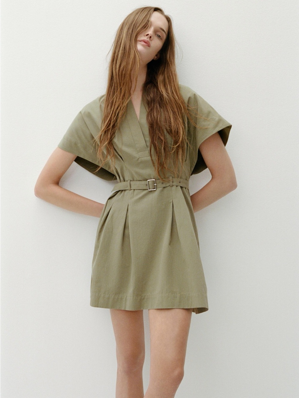Zara ZW Collection Short Structured Kimono Belted Mini Dress Khaki Olive Green
